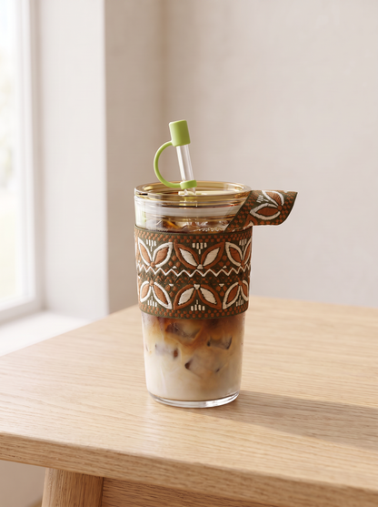 Boho Glass Iced Coffee Tumbler with Fabric Sleeve