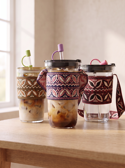 Boho Glass Iced Coffee Tumbler with Fabric Sleeve