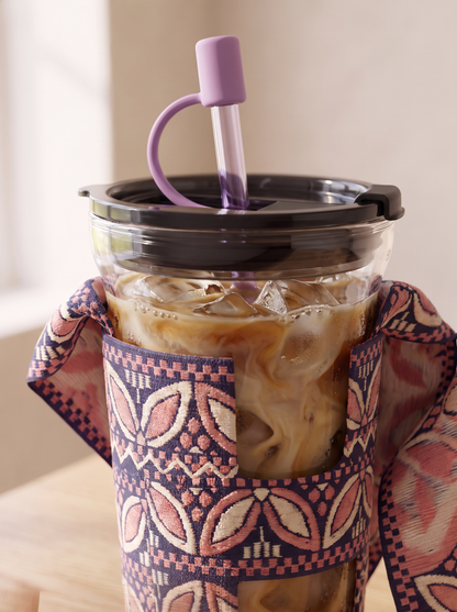 Boho Glass Iced Coffee Tumbler with Fabric Sleeve