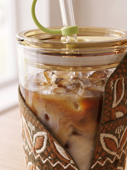 Boho Glass Iced Coffee Tumbler with Fabric Sleeve