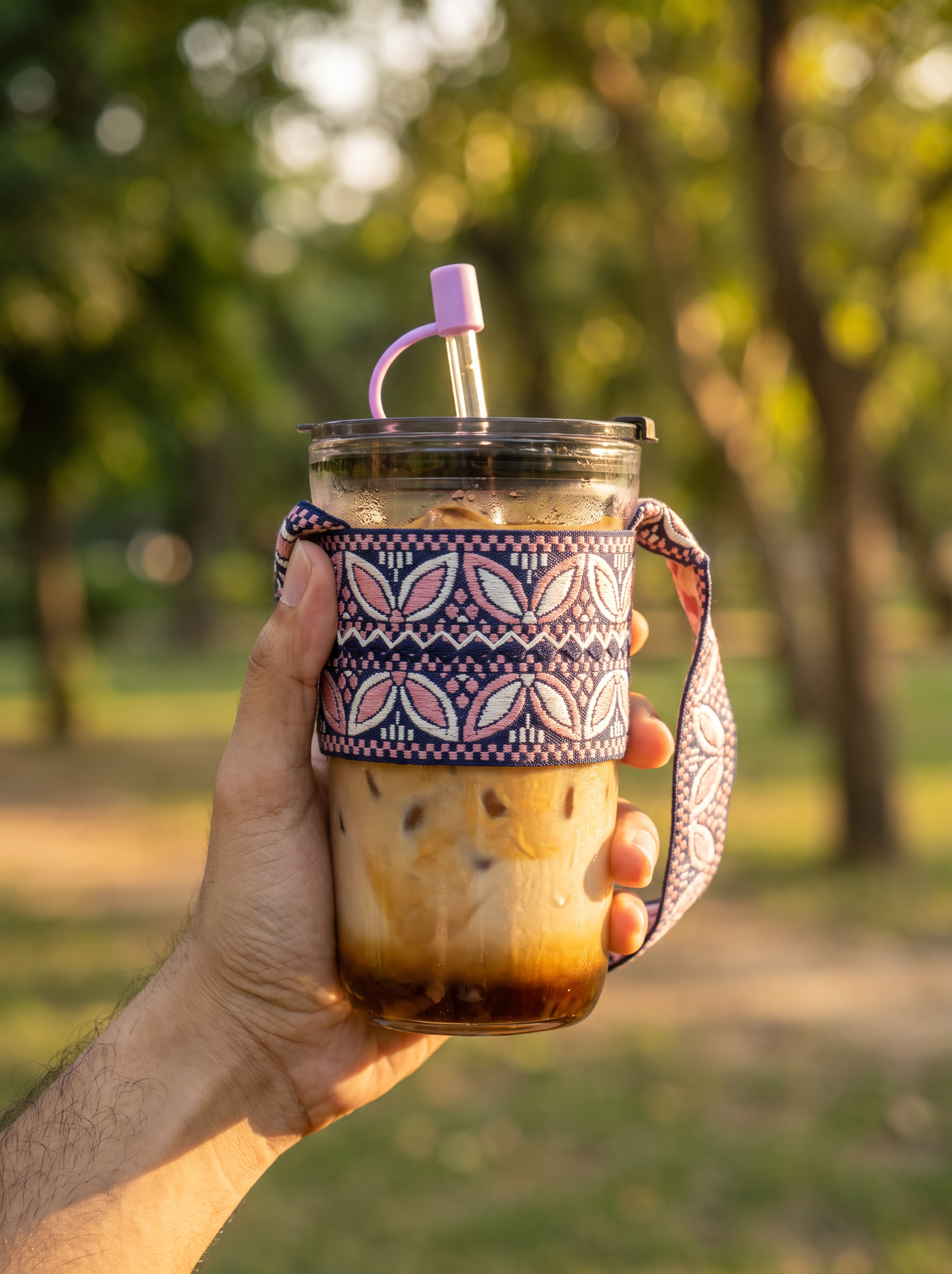 Boho Glass Iced Coffee Tumbler with Fabric Sleeve