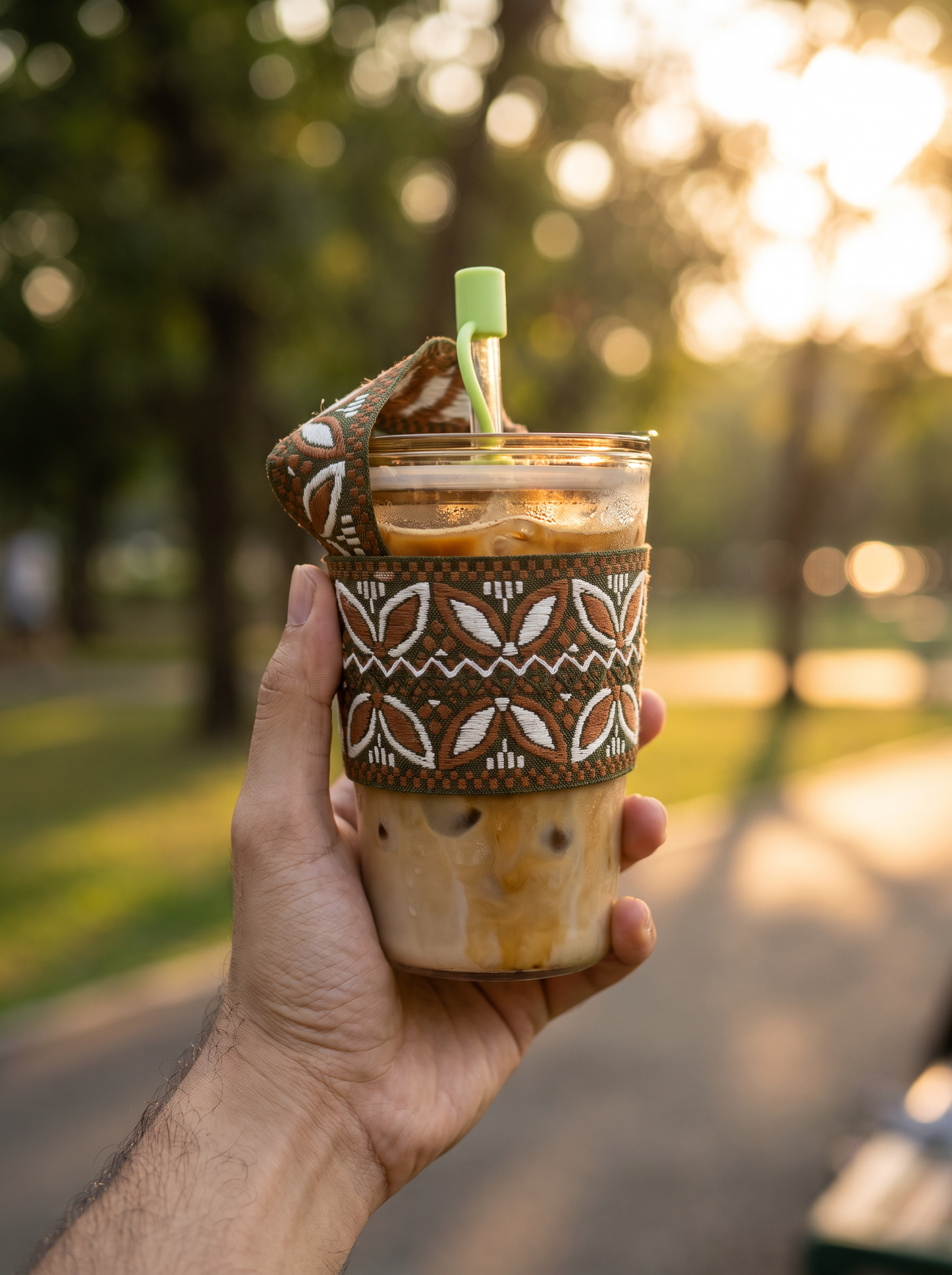 Boho Glass Iced Coffee Tumbler with Fabric Sleeve