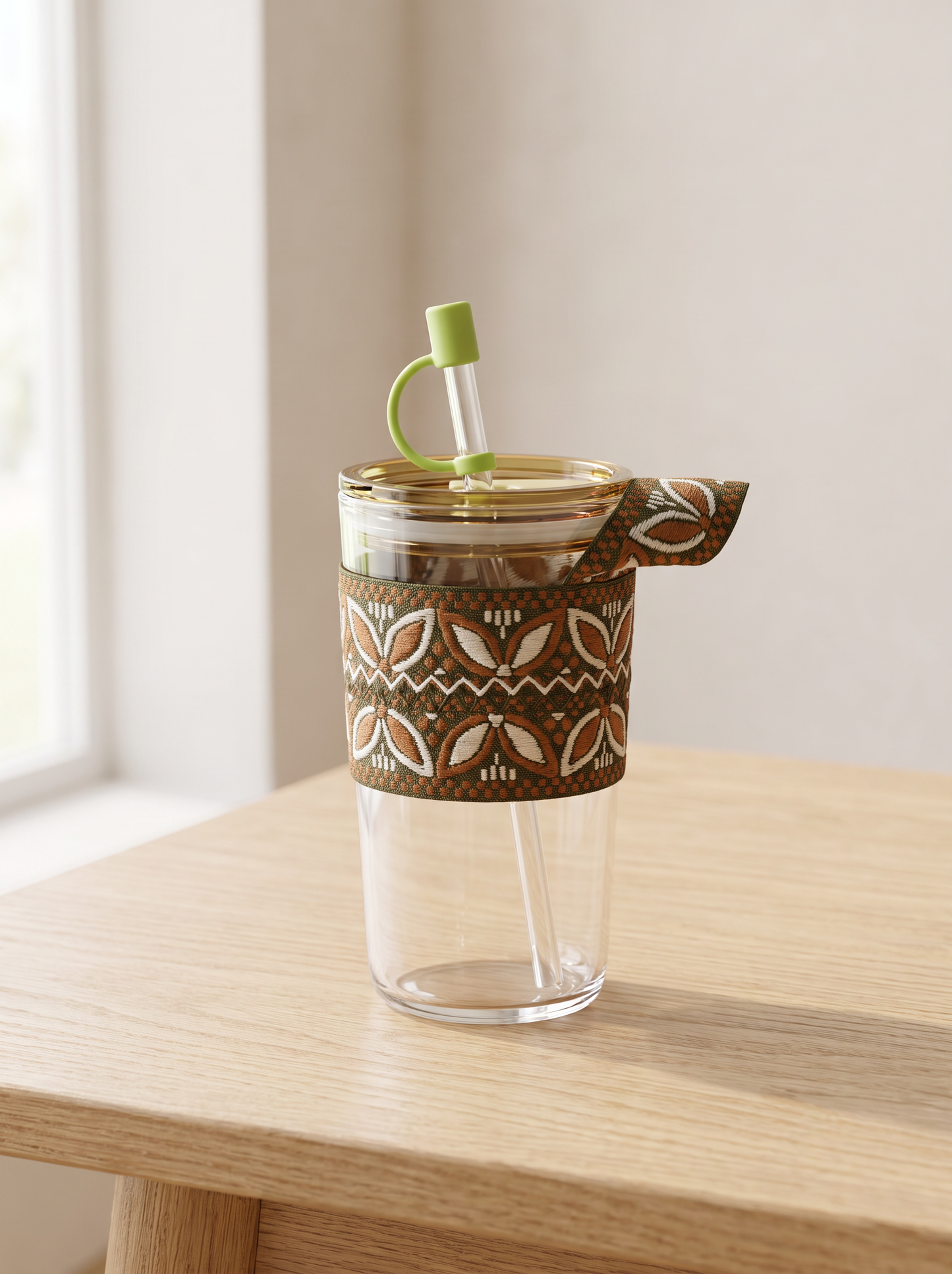 Boho Glass Iced Coffee Tumbler with Fabric Sleeve